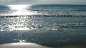Une plage où la lumière du soleil se reflète sur l’eau.