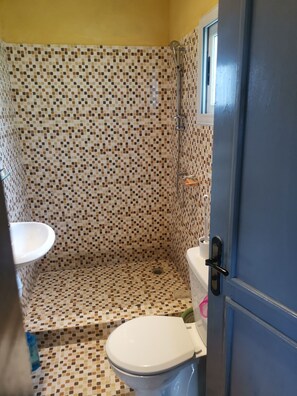 Hair dryer, towels, soap, shampoo