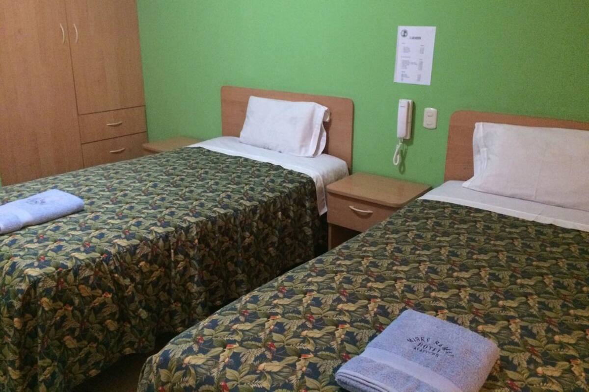 A hotel room with two single beds, each with a patterned bedspread and a white pillow. There is a wooden wardrobe with a mirror, a bedside table with a lamp, and a wall-mounted phone.