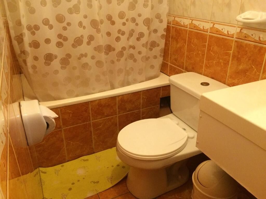A bathroom with a toilet, a shower curtain, and a yellow mat on the floor.