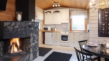 Fridge, microwave, cookware/dishes/utensils