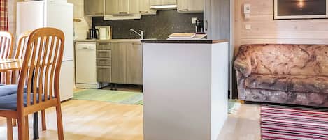 A compact living space with a kitchenette, a dining area with chairs, a sofa, and a patterned rug.