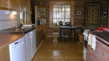 Fridge, microwave, dishwasher, cookware/dishes/utensils