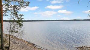 Un lac paisible, avec une rive rocheuse et un arbre au premier plan.