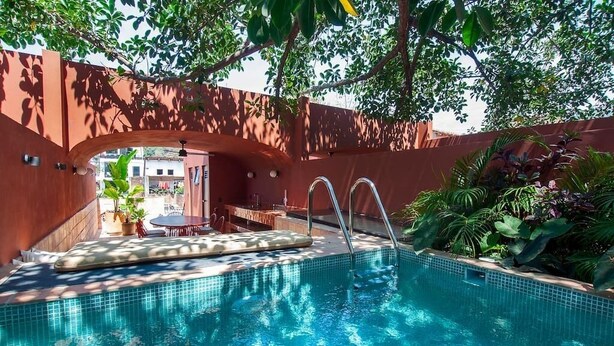 Una piscina con borde de azulejos, rodeada de follaje y una estructura de madera.
