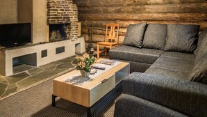 Un salon chaleureux avec une cheminée en pierre, un canapé, une table basse et un téléviseur.