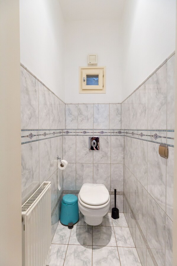 Un baño con inodoro, un bote de basura azul, un radiador y un secador de manos.