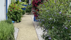 A narrow pathway flanked by houses with blue and white facades, leading to a building with a red-tiled roof. - 1-ROOM APARTMENT "La Creperie" (lege cap ferret)