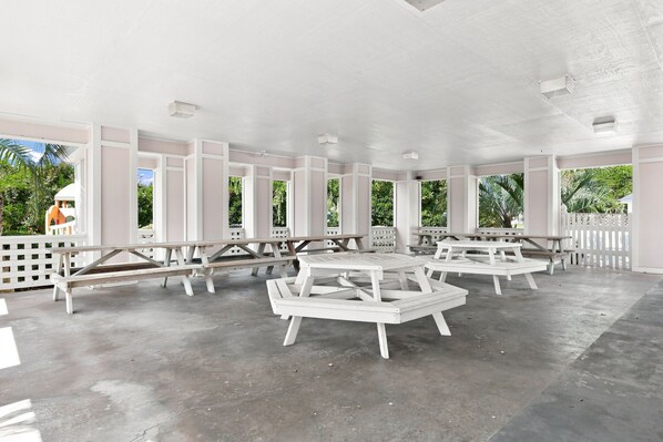 An outdoor covered area with multiple picnic tables and a concrete floor. - Oceanfront,private pool,beach boardwalk,views galore!Located in Spinnakers Reach (Emerald Isle)