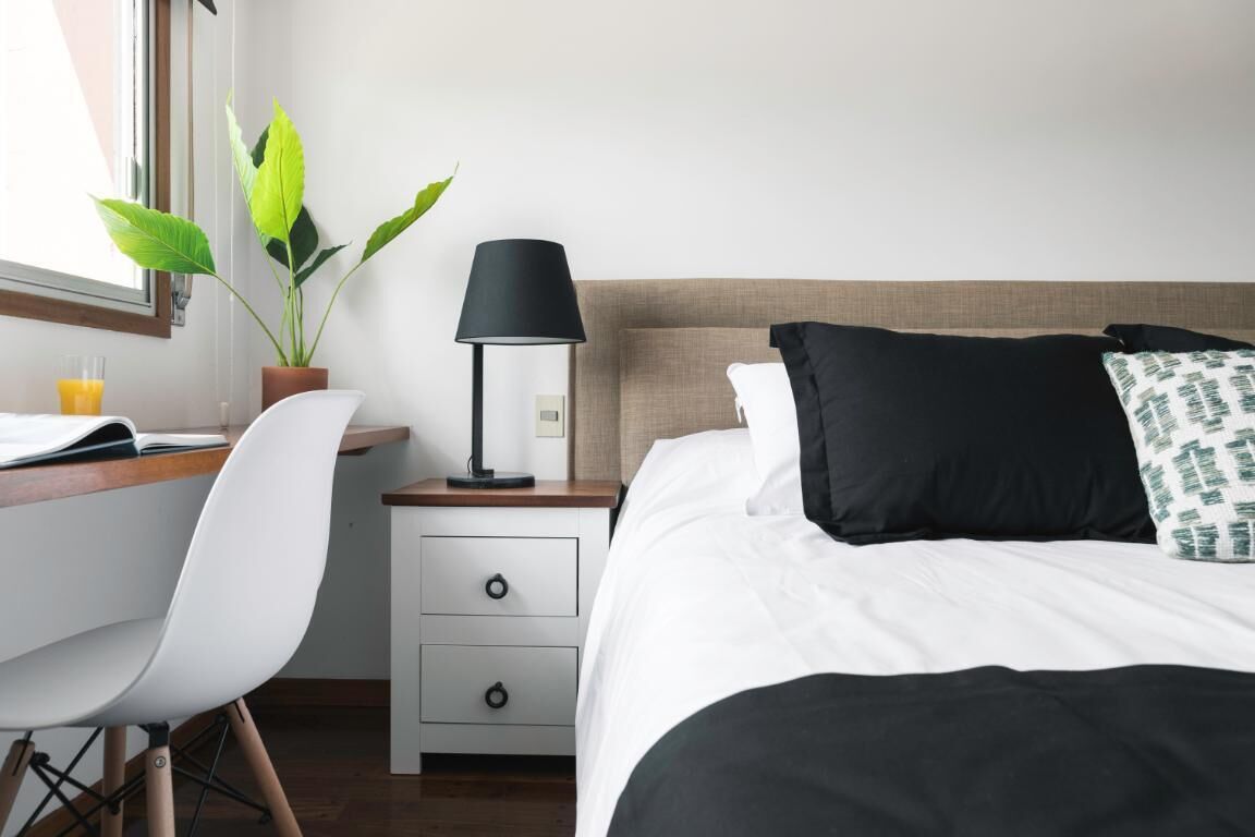 Une chambre d’hôtel bien rangée, avec un lit, un bureau, une chaise, une table de chevet, une lampe et une plante en pot.
