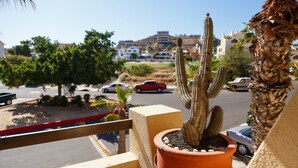 A balcony with a potted cactus and a palm tree, overlooking a parking lot with cars and buildings in the background. - La Costa 201 1 BR by Casago (San José del Cabo)