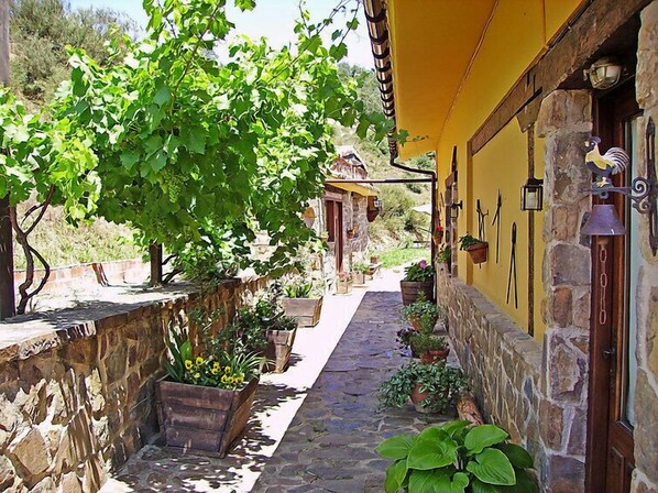 A narrow stone pathway leading to a yellow building with stone walls and a wooden door.