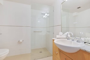 Douche, douche à « effet pluie », sèche-cheveux, serviettes fournies