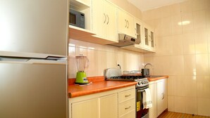 A compact kitchen with a refrigerator, a toaster, a blender, a stove, and cabinets. - In Playa del Carmen, Mexico (Playa del Carmen)