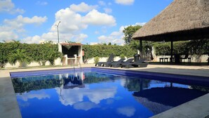 A swimming pool with lounge chairs, a thatched-roof structure, and a hedge. - In Playa del Carmen, Mexico (Playa del Carmen)