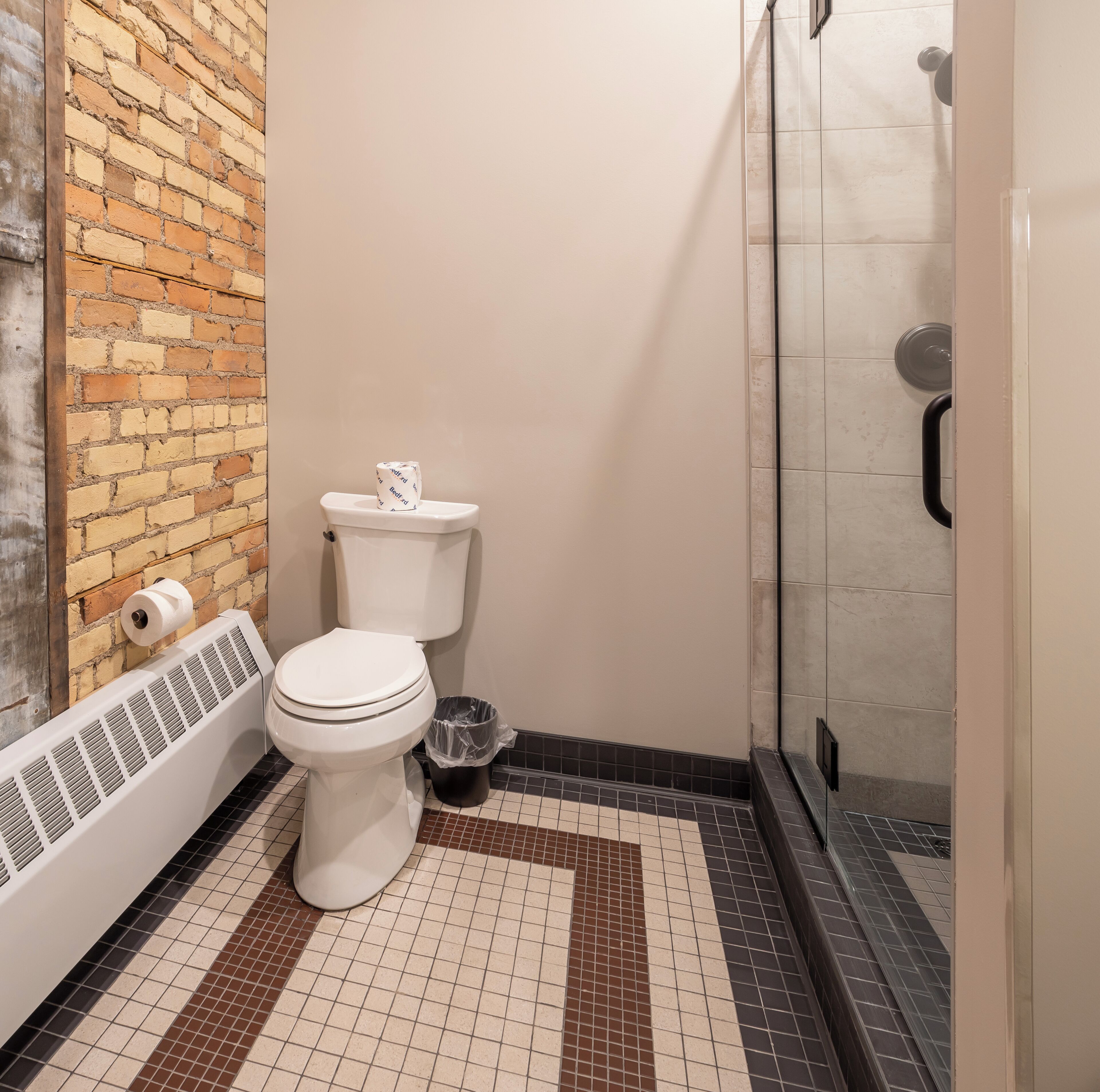 A bathroom with a toilet, a shower, and a radiator.