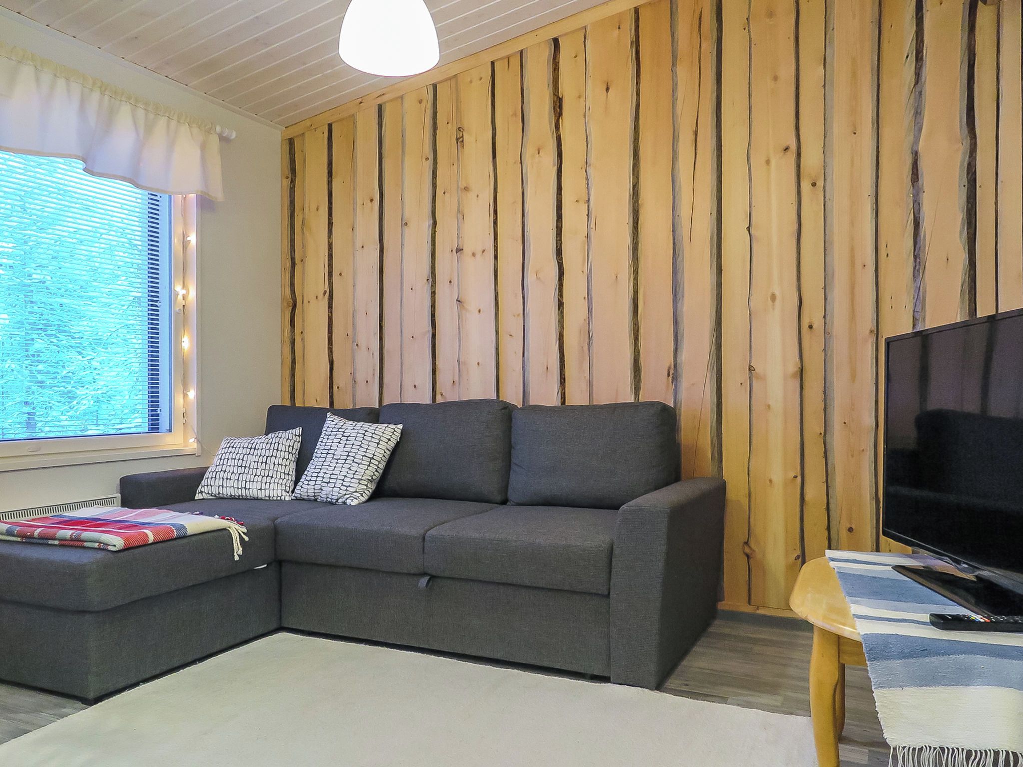 Een woonkamer met een grijze bank, twee gekleurde kussens, een flatscreen televisie en een houten wand.