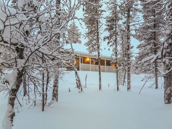 A snow-covered landscape with a building featuring a wooden exterior and a lit interior.