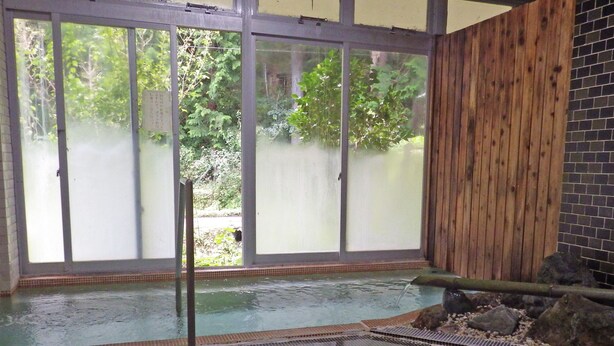 A hot spring area with a wooden wall, a tiled floor, and a glass partition. - Nakaya Ryokan (Ueda)