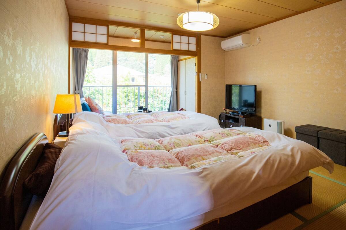 Camera d'albergo con due letti, televisione, termosifone e finestra con tende.