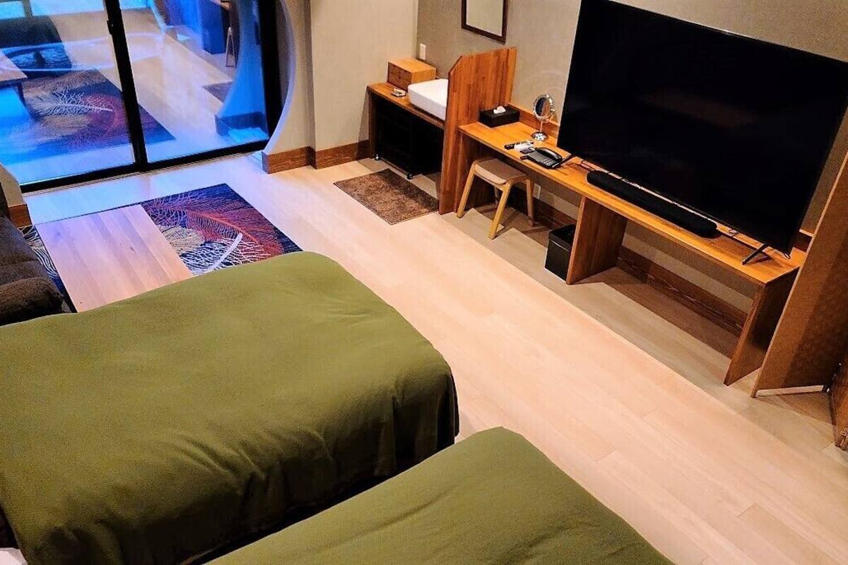 Una stanza con un letto, una scrivania e una televisione, con vista sull'esterno.