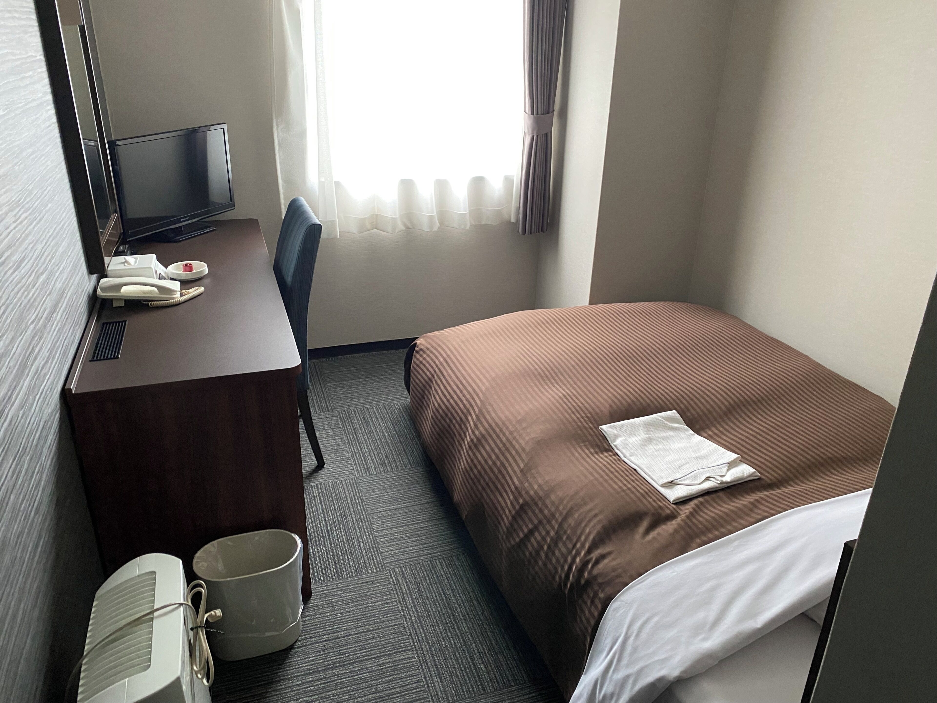 A hotel room with a bed, a desk with a telephone, a television, and a waste bin.