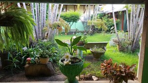 A covered outdoor area with various potted plants and a small garden.