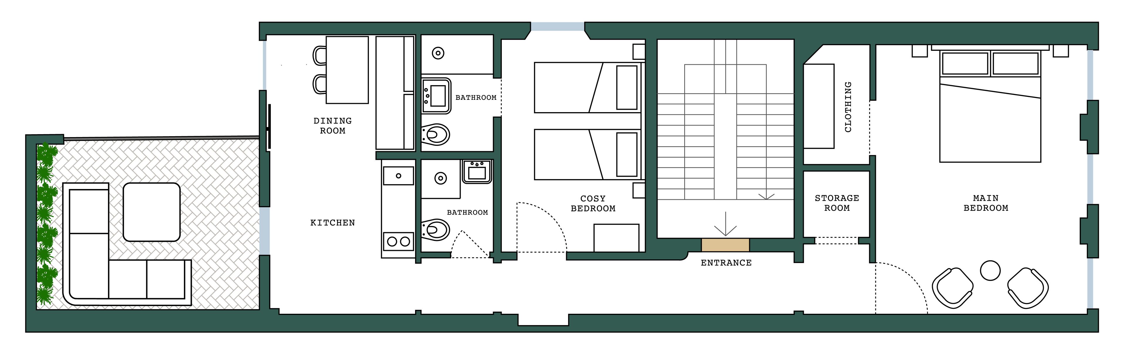 Pianta degli interni di un hotel che mostra una sala da pranzo, una cucina, due bagni, una camera da letto accogliente, un ripostiglio, una camera matrimoniale e un ingresso.