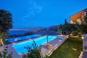 Outdoor pool, pool loungers - Luxurious sea view Villa Vollard with private poll & jacuzzi near Heraklion (Heraklion)
