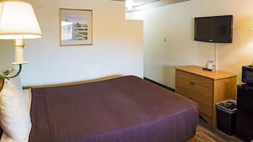 A hotel room with a bed, a lamp, a television, a dresser, and a trash bin.