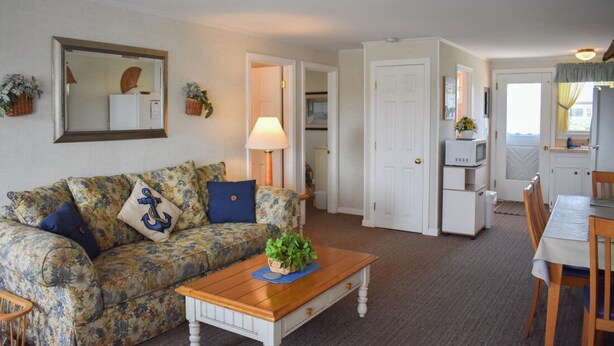 A living room with a floral sofa, a coffee table, and a dining area with a table and chairs. There is a kitchen area with a microwave and a refrigerator.