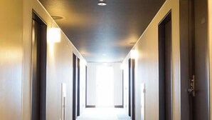 A long, narrow hallway with doors on both sides, leading to a bright room at the end.