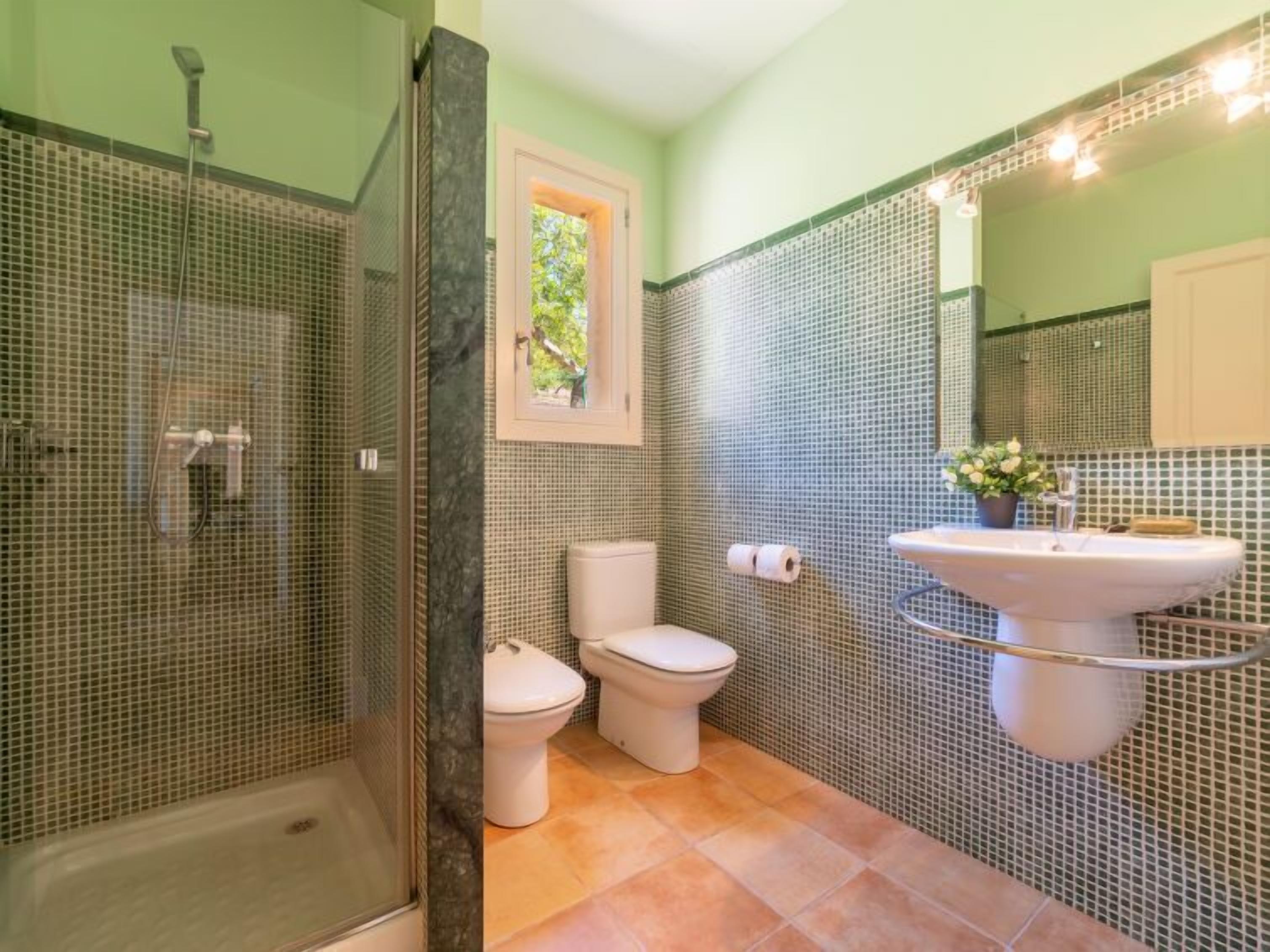 Een badkamer met douche, toilet en wastafel.