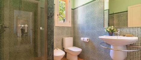 Een badkamer met douche, toilet en wastafel.