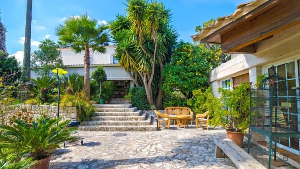 A stone staircase leading to a wooden deck with outdoor furniture, surrounded by lush greenery and a clear blue sky.