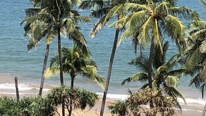 Une plage bordée de palmiers et dotée d’un rivage sablonneux.