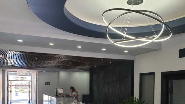 Un espace d’accueil moderne comprenant un comptoir de réception, une grande plante en pot et un design de plafond original.