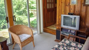 Ein gemütliches Zimmer mit einem Korbstuhl, einem Fernseher auf einem Holztisch und einer Tür, die zu einem Außenbereich führt.