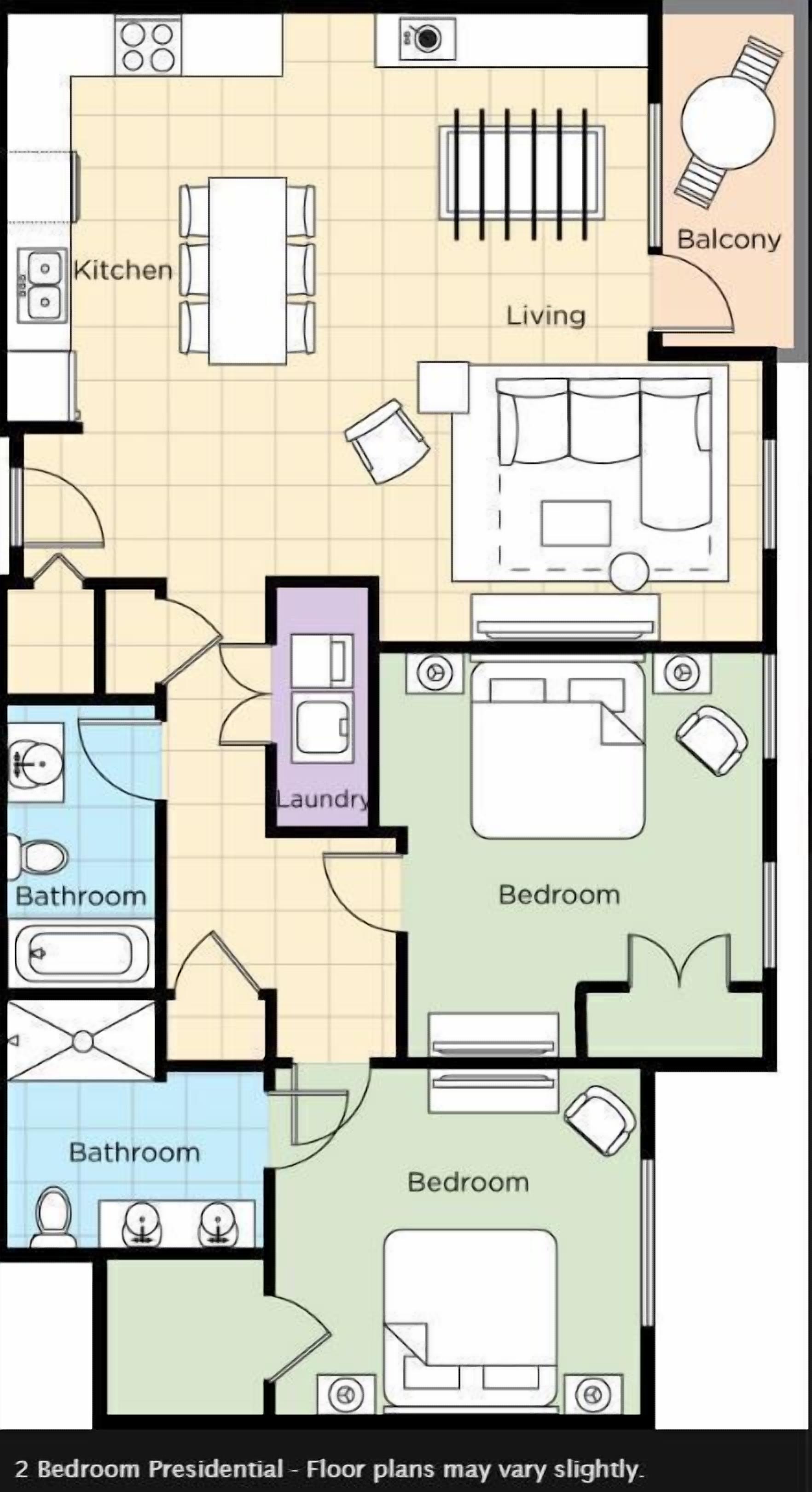 Indeling van een presidentiële appartement met twee slaapkamers, een keuken, twee badkamers, een woonruimte, een balkon en een wasruimte.