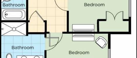 A 2-bedroom presidential apartment layout with a kitchen, two bathrooms, a living area, a balcony, and a laundry room.