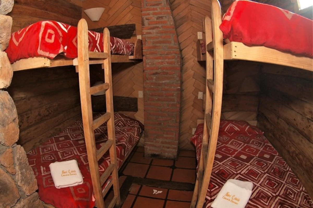A room with bunk beds, a brick chimney, and a ladder.