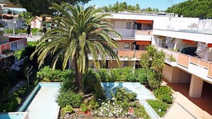 Un jardin sur le toit, avec un palmier, une piscine et une vue sur les bâtiments environnants.