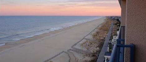 A beach view from a balcony with a clear sky and calm sea.