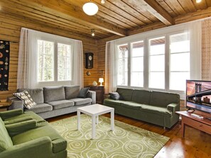 A cozy living room with two sofas, a coffee table, and a television. - Honkaniemi by Interhome (Joensuu)