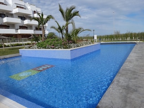 Una piscina con bordo piastrellato, circondata da un'area verde con palme e fiori.
