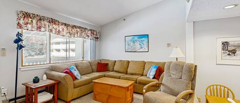 TV, fireplace, books, offices