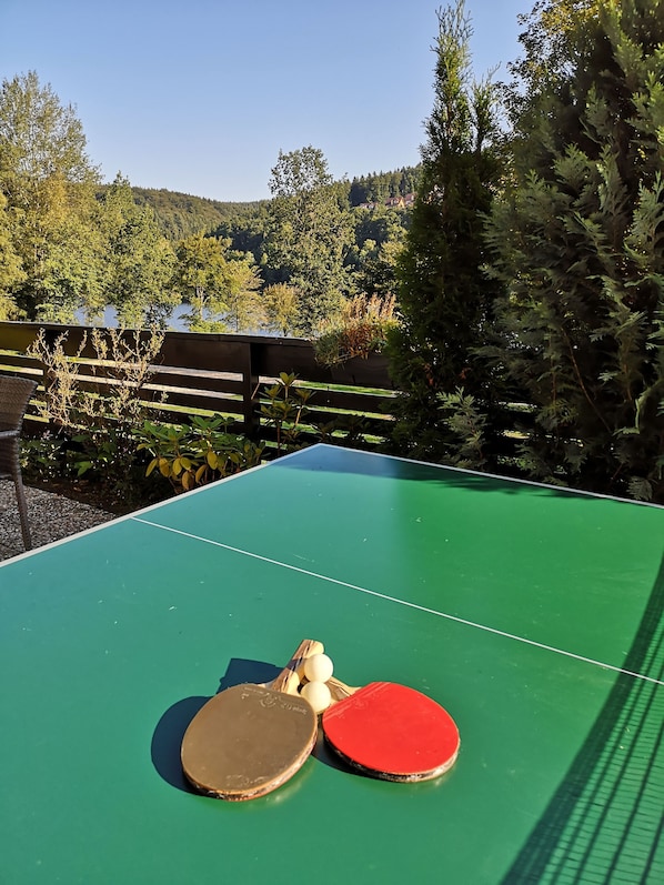 Et bordtennisbord med to bat og en bold i en naturlig omgivelser med træer og et træhegn.