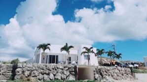 A coastal building with a white exterior, palm trees, and a clear blue sky with clouds. - Thalassa Beach and Pool Villa (Yoron)