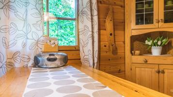 A wooden cabin interior with a kitchen area, a window with a view of greenery, and a radio on the counter.