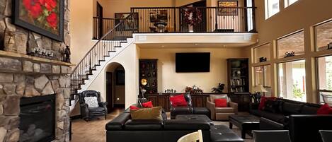 Smart TV, fireplace, books